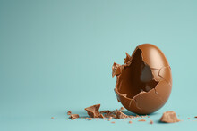 Broken Chocolate Egg With Cracked Eggshell. Minimal Easter Holiday Concept. Copy Space.