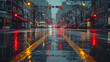 A downtown thoroughfare captured after a storm, its surfaces painted with the reflections of red brake lights and white headlights
