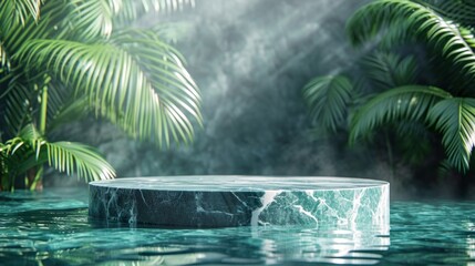 Top view of marble podium stand in swimming pool water with palm leaves. Summer tropical background for luxury product placement.