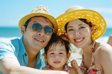 Wall Mural - A happy family consisting of a man, woman, and child spending quality time together on the beach. This image can be used to depict family vacations, leisure activities, and bonding moments