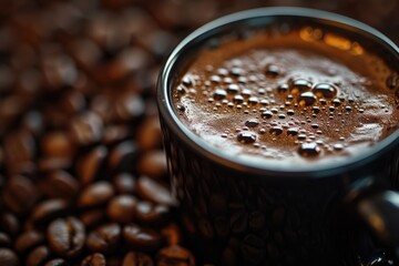 Poster - A cup of coffee sitting on top of a pile of coffee beans. Perfect for coffee lovers and coffee shop promotions