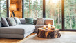 Sofa with grey cushions and tree stump coffee table with candles against window with forest view. Scandinavian home interior design of modern living room in chalet