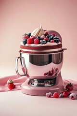 Poster - A cake in a stand mixer with fresh and colorful berries on top. Perfect for baking enthusiasts and food-related projects