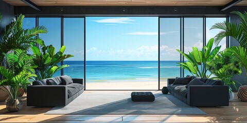 Wall Mural - A comfortable living room with a spacious layout and ample natural light streaming in through the large windows.