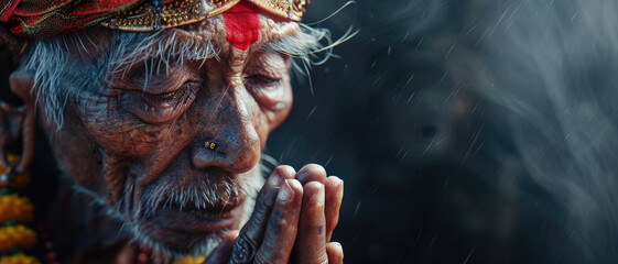 Wall Mural - An elderly man is seen praying in the rain. This image can be used to depict faith, spirituality, or finding solace in difficult times