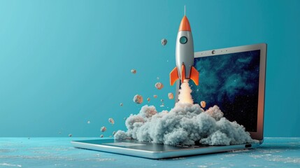 Wall Mural - a laptop computer with a rocket coming out of it. perfect for technology and innovation concepts