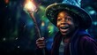 A black wizard boy in a conical hat holds a magic staff and casts a magic spell that radiates energy