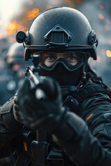 A man wearing a helmet and goggles holds a gun. This image can be used to depict a person in a protective gear with a firearm