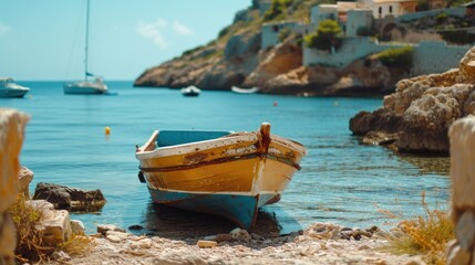 Wall Mural - A vibrant yellow and blue boat resting on the sandy beach. Perfect for travel and beach-themed designs