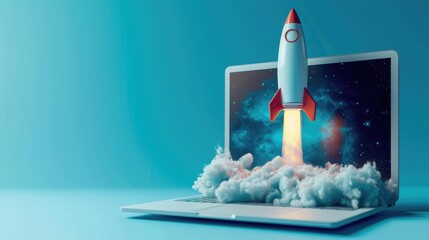 Canvas Print - A laptop with a rocket emerging from it. Perfect for illustrating technology innovation and advancement.