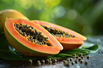 Poster - A papaya cut in half, placed on a table. Suitable for food-related themes