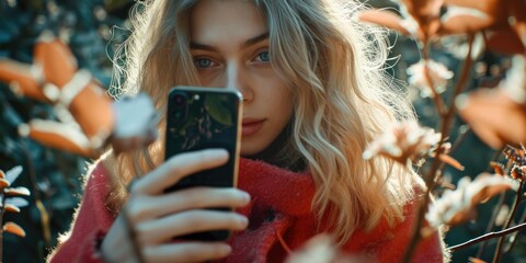 Poster - Woman looking at her cell phone, suitable for technology and communication concepts