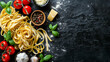 Ingredients for making Italian pasta. selective focus. Generative AI,