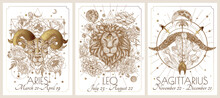 Vector Illustration Of Zodiac Signs In Flowers Card. Signs Of The Element Of Fire. Aries, Leo, Sagittarius. Gold On A White Background In Engraving Style