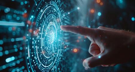 Hand, internet and big data connection dots for cloud storage, artificial intelligence and coding. Blue, lines and network connectivity for ai algorithm, quantum computing and communication backgroun