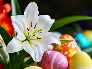 Wall Mural - White lilies and colorful Easter eggs on a dark background