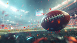 Fototapeta Fototapety sport - Super Bowl Nightfall. A glistening football lies amidst a field of confetti, basking in the radiant glow of stadium lights