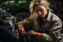 Beautiful Female Mechanic Looking At Camera In Auto Repair Shop