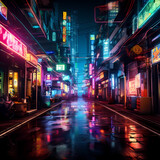 Fototapeta Londyn - Neon-lit cyberpunk alley with holographic advertisement