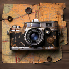 Sticker - Retro film camera on a weathered map