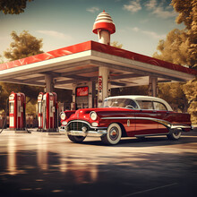 Vintage Car With A Retro Gas Station In The Background