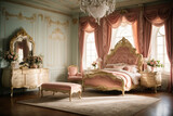 Fototapeta Londyn - Princess bedroom in a royal house complete design with luxurious furnishing.