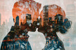 Silhouette of a couple kissing in front of a cityscape background, double exposure photo, romance in a big city concept