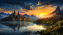 Misty Morning Serenity: Tranquil Landscape With Lake, Forest, And Mountain Under A Magical Sunrise.