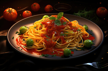 Delicious spaghetti served on a plate with tomatoes