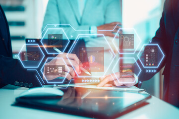 DevSecOps Software development cycle programming concept, software development IT operations, IT team using pen and tech icons in agile methodology environment, coder or sysadmin working with system
