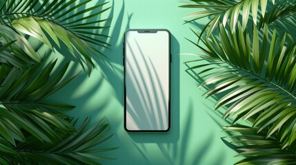 Smartphone mock-up with a white blank screen and a palm leaf shadow isolated on a green mint background at sunset. Creative layout. mockup top view, flat lay