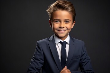 Portrait of a happy young boy in a suit on a dark background