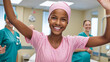 © P.W-PHOTO-FILMS - cancer, portrait of happy young woman in hospital, headscarf, world cancer day , cancer survivor, fighting cancer ,african girl