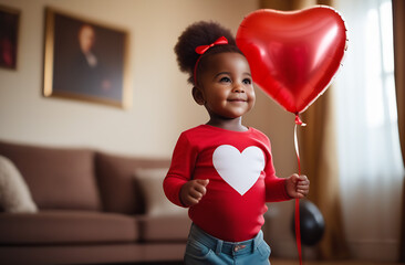 Little black girl holding red balloons in the shape of hearts. Valentine's Day concept