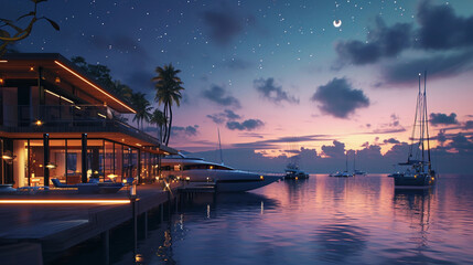 Wall Mural - luxurious private dock at twilight, with expensive yachts, ambient lighting, a calm sea, and a stunning view of the stars and moon reflecting on the water