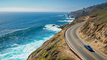 Coastal Road Hugging The Edge Of Steep Cliffs, The Ocean's Deep Blue Waves Crashing Below, A Classic Sports Car Rounding A Bend, Seagulls Flying Overhead, A Bright Sunny Day