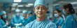 A hospital operating room features a portrait of a masculine Asian surgeon performing surgery.