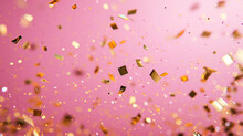Digital Image Of Gold Confetti Falling Against A Pink Background, Festive Falling Gold Confetti Isolated On Pink Background, Golden Glitter Holiday Backdrop, New Year, Pink Background With Gold , Ai