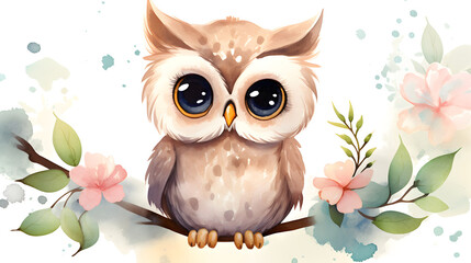 Poster - Watercolor Illustration of Cute Purple Owl on a Branch with Leaves