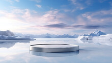 Product Presentation Podium With A Stone Plinth In The Middle Ground Ice And Views Of The Snow Mountains. 