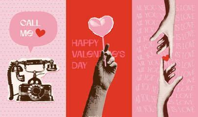 Vintage set of Valentine's day greeting cards or stories covers with Halftone hands and retro telephone. Contemporary Valentine Creative Collage with romantic quotes. Vector mixed media illustration