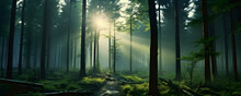 Forest Landscape With Sun Rays Shining Through Trees Leaves