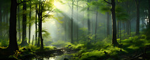 Forest Landscape With Sun Rays Shining Through Trees Leaves