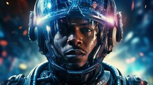 Close-up Of A Determined Soldier Wearing A High-tech Helmet And Combat Suit, Set Against A Dynamic, Sci-fi Inspired Backdrop. Generative Ai
