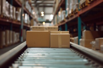 Warehouse Logistics: Cardboard Parcels on Conveyor Belt. 