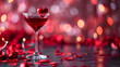 A romantic night filled with love and indulgence, as a ruby-hued drink rests in a delicate wine glass adorned with a heart, a perfect symbol of passion and intoxication