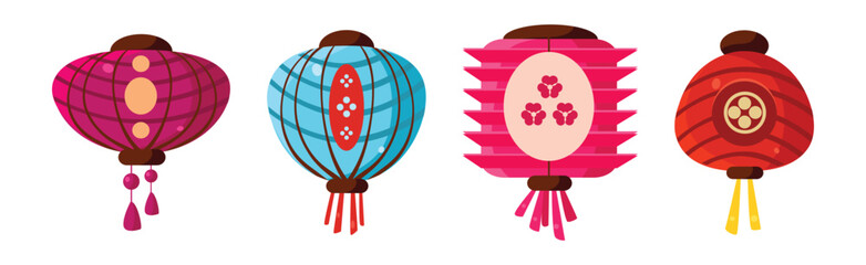 Sticker - Colorful Chinese Paper Street Lanterns Hanging with Tassel Vector Set