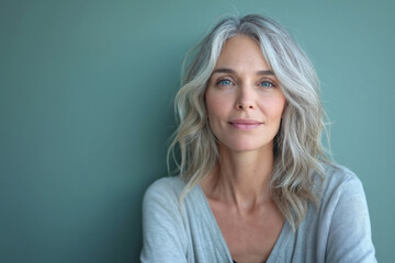 Smiling attractive woman 40s years old look to the camera, isolated on blue background with copy space. 