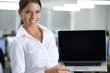 Business woman, computer screen and office presentation for website, information technology and registration. Portrait or face of professional worker on laptop space or mockup for online programming