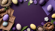 easter spring frame with eggs and flowers, in dark violet and purple tones. 